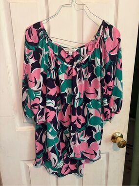 Counterparts Floral Off-Shoulder Blouse in Pink and Teal